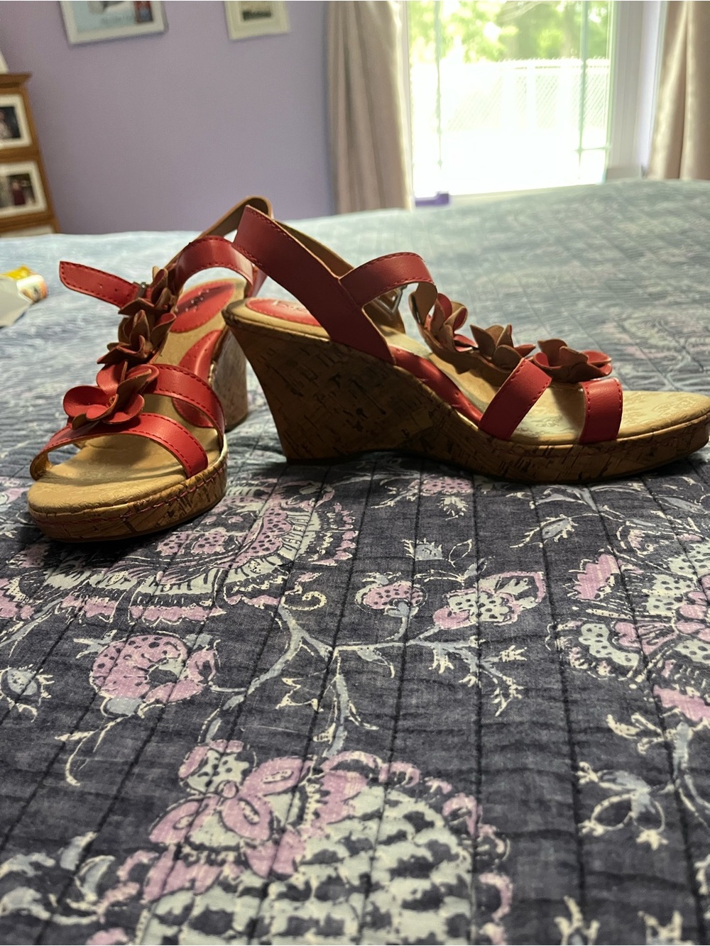 Women's Dark Pink Floral Wedge Sandals - Sleek Strappy Design
